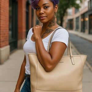 Coach NorthSouth City beige all Leather large Tote shoulder bag authentic